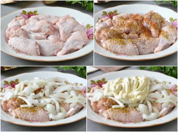 Маринование крылышек в майонезе и луке